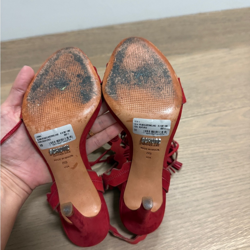 SCHUTZ Red Ruffle Strap Heels - Picture 3 of 3